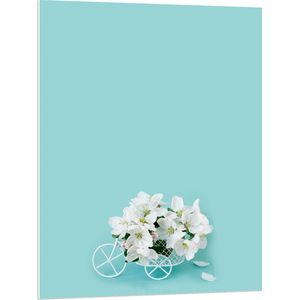 PVC Schuimplaat - Foto van Beeld van Witte Fiets Vol Bloemblaadjes tegen Lichtblauwe Achtergrond - 75x100 cm Foto op PVC Schuimplaat (Met Ophangsysteem)