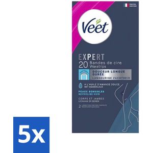 5 x Veet Expertn - Ontharingsstrips - Lichaam & benen - Normale huid - 20 Strips - Ontharingsstrips EasyGrip - Langdurige Zachtheid - Ontharen Thuis