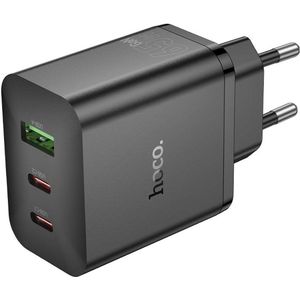 Hoco 65W Snellader met 3 USB Poorten – 2x USB-C & 1x USB-A – Zwart - Geschikt voor Laptop, MacBook, iPhone, iPad, Samsung telefoon, Tablet