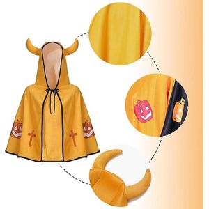 Halloween-mantel gehoornde cape met capuchon Comfortabel en ademend met pompoenprint, Halloween cosplay feest kostuum accessoires voor kinderen