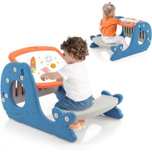 COSTWAY 4-in-1 kinderezel met bank, tekentafel met dubbelzijdig tafelblad en whiteboard, activiteitstafel en kinderbord in walvorm met legplank, voor kinderen vanaf 1 jaar