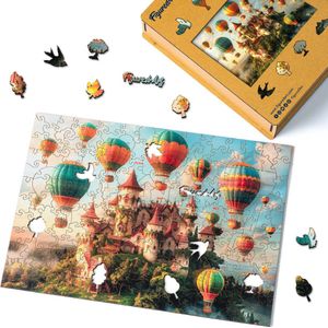 Figured'Art Houten Puzzel 200 Stukjes Volwassenen en Kinderen - Kasteel en Luchtballonnen - Uniek Design 32x22 cm met Premium Houten Doos, Perfect als Cadeau