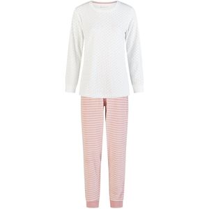 By Louise Dames Winter Pyjama Set Lang Badstof Wit/Roze Gestreept - Maat M