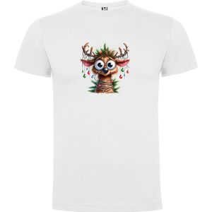Wit T-Shirt met “Grappige versierde rendier - Kerst“ Print Full Color Maat S