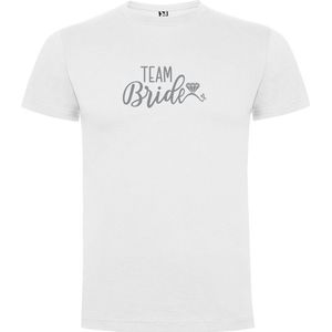 Wit T-Shirt met “ Team Bride / Team van de Bruid “ Afbeelding Zilver Maat S