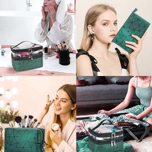 Make-uptas, dubbellaags, transparant, toilettas met grote make-uptas en make-uptas, set van 3 stuks voor dames en heren, groen, Dubbellaags