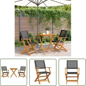 The Living Store 3-delige Bistroset poly rattan en massief hout zwart - Bistroset - Tuinmeubel - Acacia Hout - Buitentafel - Klaptafel