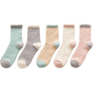 5 paar pluche sokken voor dames, warme, comfortabele, donzige en superzachte pantoffelsokken voor de winter - Verdikte en warme half-fleece slaapsokken voor op de grond