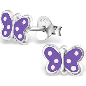 Joy|S - Zilveren vlinder oorbellen - paars met witte stipjes - 8 x 5 mm - oorknoppen voor kinderen