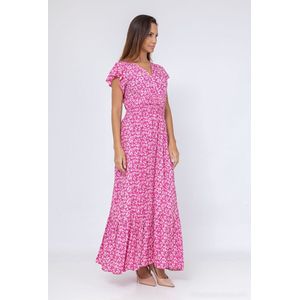 Lange dames maxi jurk Tess gebloemd motief azalia roze paars oranje strandjurk S/M