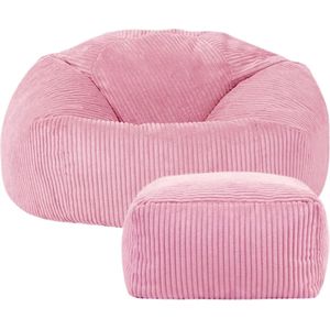 RelaxzZz Zitzak met Hocker/ Voetenbank - Luxe Fluwelen Zitzak Volwassenen incl. Vulling - Comfortabel & Stijlvol - Poef, Vloerstoel & Frameloze Fauteuil - Roze