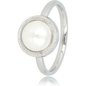 My Bendel Aanschuifringring zilverkleurig met witte parel - Zilverkleurige edelstalen vintage ring met witte parel steen - Met luxe cadeauverpakking