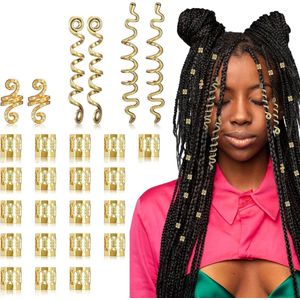 Allecto plus - Gouden haaraccessoires set voor vlechten en dreadlocks - Haarsieraden voor mannen en vrouwen - Haarkralen en -spiraalen - 26 stuks - Piraat thema - Meisjes accessoires