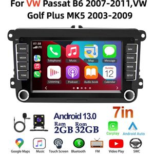 Auto Radio for VW Passat B6 (2007-2011) & Golf Plus MK5 (2003-2009) | 7inch Android 13 2+32G, GPS Navigatie met Draadloos CarPlay, Bluetooth en Achteruitrijcamera