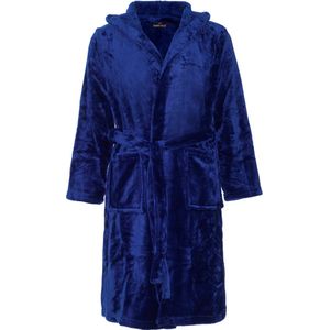 Kinderbadjas fleece - capuchon badjas kind - marineblauw - ochtendjas flanel fleece - maat L (134/140)