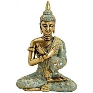 Boeddha beeldje - goud/groen - tuin en woondecoratie - 33 cm voor - binnen en buiten - zittend meditatie beeld - woonaccessoires