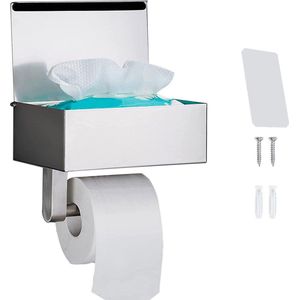 Toiletpapierhouder met vochtige doekjesbox - Roestvrij staal - Zilver - Zelfklevende wandmontage - keuken en badkamer - geen boren