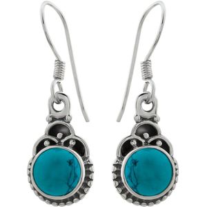 Zilveren oorbellen met hanger dames | Zilveren oorhangers, ronde turqoise steen met bewerkte rand en details