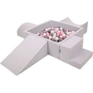 KiddyMoon Speelplaats van schuim met vierkant ballenbad (200 ballen), ballenbak voor baby's, speelbad, hindernisbaan, gemaakt in de EU, roze/babyblauw/poederroze/parelmoer