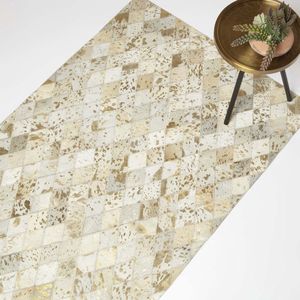 Homescapes Patchwork leren tapijt 90 x 150 cm crème-grijs-goud - bonttapijt ruitpatroon