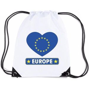 Europa nylon rijgkoord rugzak/ sporttas wit met Europese vlag in hart