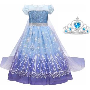 Elsa jurk blauw Classic Deluxe 110-116 (120) - lange sleep + kroon Prinsessen jurk verkleedkleding verkleedjurk