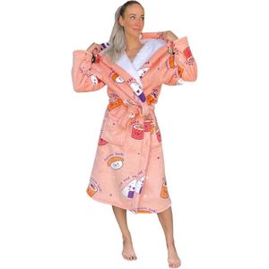 Dames badjas Sushi - fleece badjas met capuchon - ultra zacht en warm - cadeau - zalmroze - maat L/XL