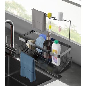 Zwarte Roestvrijstalen Gootsteenorganizer met Sponshouder en Afvoerpan - Keuken Wandorganizer