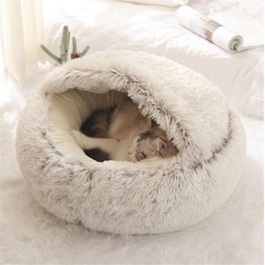 Rond pluizig kattenbed van zacht pluche, grot met capuchon, voor de winter, warm, slaapkussen, antislip, machinewasbaar, voor katten en puppy's