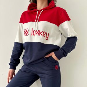 Loxxey® - Katoen - Vrijetijdspak - Joggingpak - Huispak - Home Wear - Hoodie - Trainingspak - Tracksuit - 1 Set (2 Delig) - Dames - Maat L - Rood / Blauw