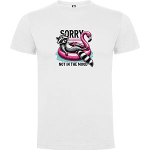 Wit T-Shirt met Kleurrijke print “ Wasbeer Sorry not in the mood - Niet in de Stemming - Grappig “ Print Full Color Maat S