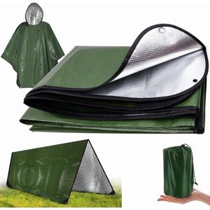 Waterdichte Overlevingsdeken met Regenponcho - Noodpakket Survival Kit - Nooddeken, Reddingsdeken - Isolatie Deken - Isoleerdeken - Survival Deken - Thermische Nooddeken - Survival Slaapzak - Noodtent - EHBO Deken - Capuchon - Kamperen - Groen