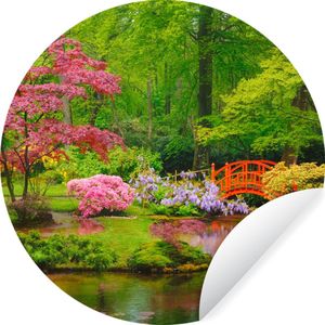 Behangcirkel - Zelfklevend behang - Bomen - Bloemen - Brug - Japan - Water - Natuur - Behangsticker - Woondecoratie - 100x100 cm - Behangcirkel zelfklevend - Behang rond
