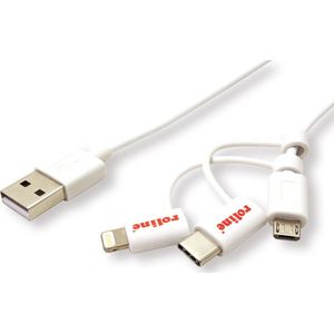 ROLINE USB 2.0 lightning sync & oplaadkabel Type A - Type C / 8-pins / USB MicroB, wit, 1 m