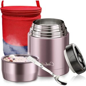 800 ml Thermos warmhoudcontainer voor eten met opvouwbare lepel - 9 uur warm - 14 uur koud - muesli - yoghurt - babypap - pap - roségoud