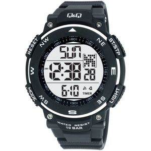 Q&Q-Heren-Horloge-Digitaal-Waterdicht-10BAR-Zwemmen/Sporten-Rubber-Backlight-Stopwatch-Dual Time-Countdown Timer-5 alarmen in te stellen-42MM-Zwart/Zilver