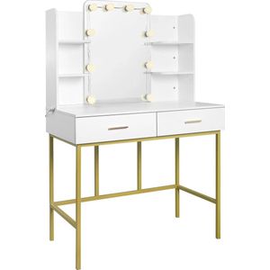 White Gold - Vanity - Bureau - Moderne - Dressoir - Kaptafel - Met Spiegel - Make-Up Tafel - Met Led Verlichting - 2 Lades - Slaapkamer - Salon - Wit /Goud