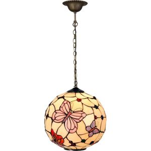 LumiLamp Hanglamp Tiffany Ø 30x30 cm Beige Roze Metaal Glas Rond Vlinder Hanglamp Eettafel
