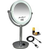 Metalen verlichte Make-up LED Spiegel CHROOM of (zwart) 10X of (7x) vergroting 19cm doorsnee, inclusief 4x AA batterijen en USB stroomkabel