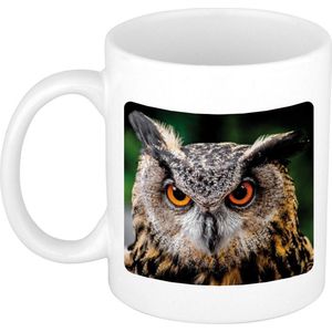 Bruine Oehoe uil koffiemok / theebeker wit 300 ml - keramiek - uilen / owls - cadeau beker / vogelliefhebber mok