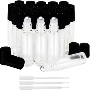 Doorzichtige glazen rollerflessen met 3 druppelaars - 10 ml navulbare flesjes - etherische oliën - aromatherapie - parfum - geur - lippenbalsem - olie - 24 stuks