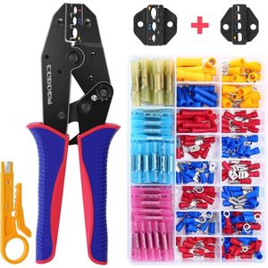 Krimptang voor kabelschoenen - adereindhulzenset - 200 kabelschoenen - 100 stootverbinders - 1 reserveonderdeel - 05-6 mm²