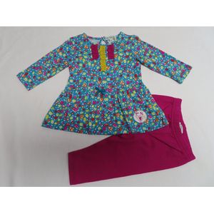 Jurk - Turquoise met bloempjes all over + Legging fuchia - 3 maand 62
