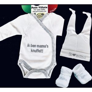 Petit Villain Baby Cadeauset / Kraamcadeau - 3-delig - Unisex - Romper+mutsje+slofjes - I ❤️ Mama - Wit/Grijs- Maat 56/62