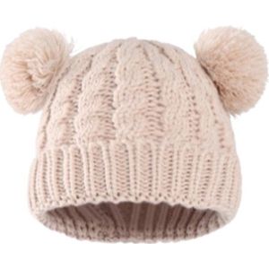 Fiepp wintermuts baby - wintermuts baby met pompoen - wintermuts beige met pompoen - gebreide muts beige - gebreide muts beige met pompom - muts peuter winter - gebreide muts peuter beige met pompom