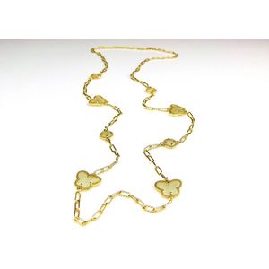 lange zilveren halsketting collier halssnoer geelgoud verguld Model Vlinder en Bol met parelmoerkleurige stenen