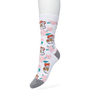 Bonnie Doon Dames Sokken met Japanse Print maat 36/42 Wit - Thema Sokken - Kersenbloesem - Kat - Cadeau Sokken - Word je Happy en vrolijk van - Zacht Katoen met Gladde Teennaad - Comfortabel - Perfect Cadeau - White - BT991125.103