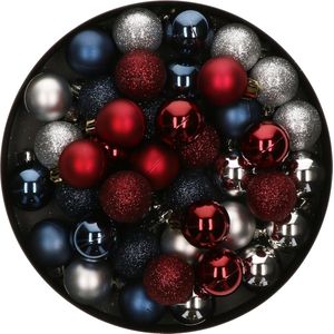 42x Stuks kunststof kerstballen mix donkerrood/zilver/donkerblauw 3 cm - Kleine kerstballetjes - Kerstboomversiering