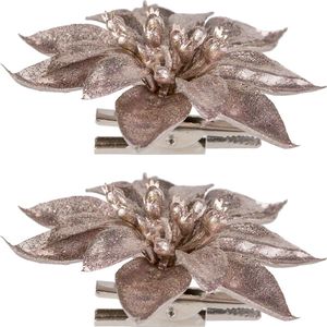 2x stuks decoratie bloemen kerststerren roze glitter op clip 9 cm - Decoratiebloemen/kerstboomversiering