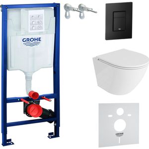 Inbouwreservoir Complete Toiletset Grohe Solido 39069000 - Inbouw WC Hangtoilet Wandcloset Sofi One Wit Hoogglans - Bedieningsplaat EVEN 3in1 Zwart - Voorwandelement - Installatiesysteem
